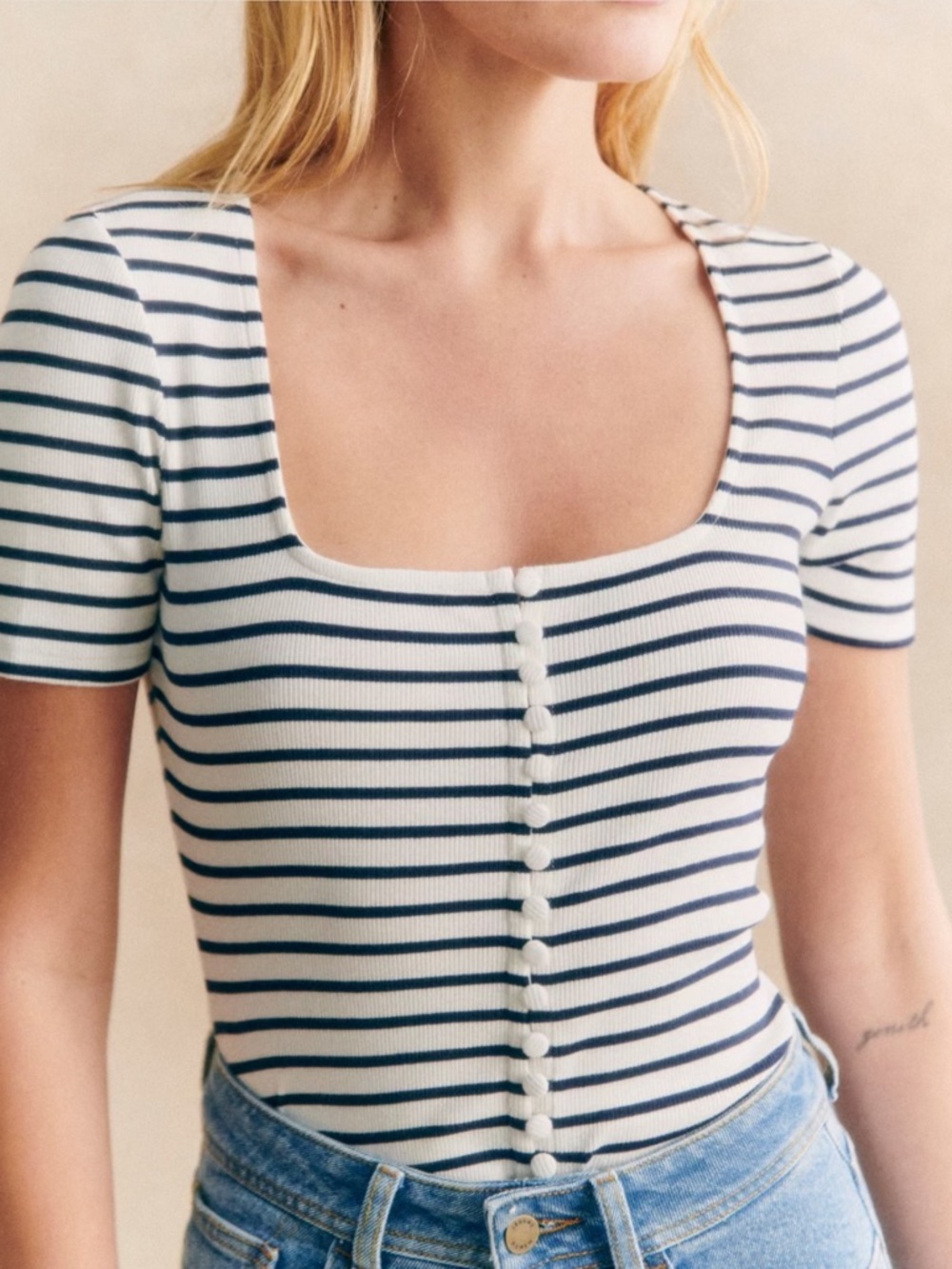 Sezane Ribbed Square-Neck Striped Button-Front Top in Cream and Navy